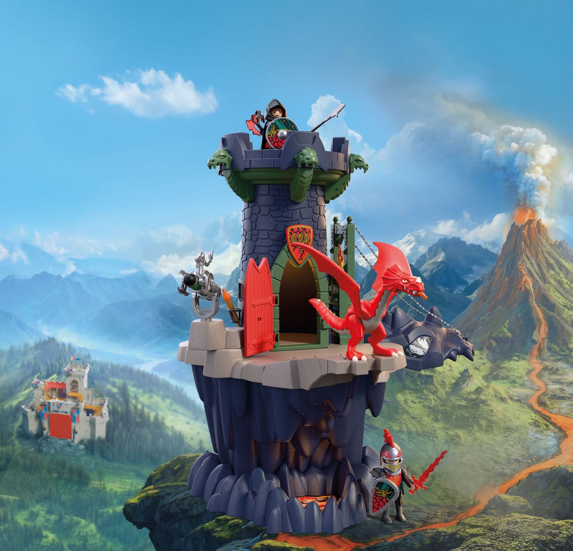 PLAYMOBIL Dragon Knights Tower 72113 medieval castle playset with red dragon, knights, drawbridge and rotating cannon