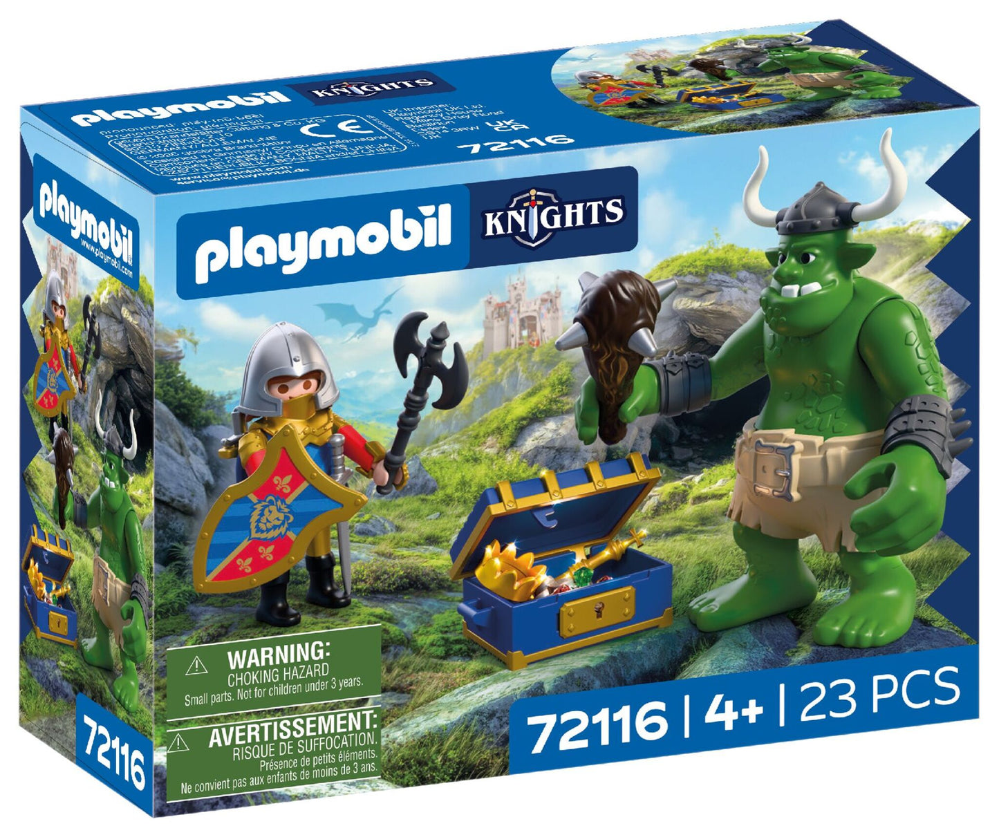 Playmobil Troll with Lion Knight Treasure 72116 featuring a Lion Knight, giant troll and opening treasure chest with medieval accessories