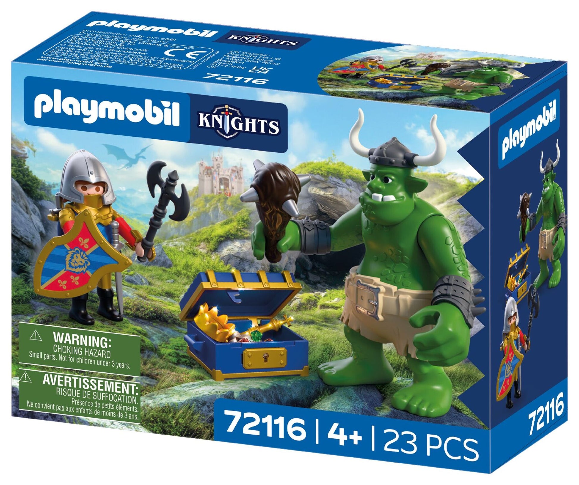 Playmobil Troll with Lion Knight Treasure 72116 featuring a Lion Knight, giant troll and opening treasure chest with medieval accessories