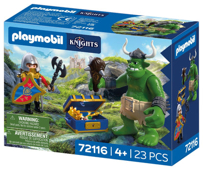 Playmobil Troll with Lion Knight Treasure 72116 featuring a Lion Knight, giant troll and opening treasure chest with medieval accessories