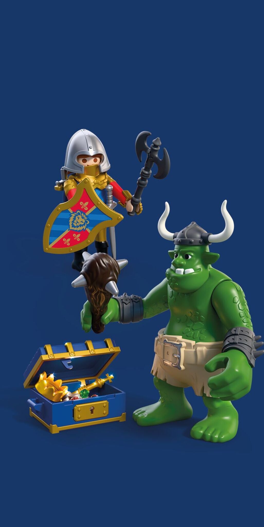 Playmobil Troll with Lion Knight Treasure 72116 featuring a Lion Knight, giant troll and opening treasure chest with medieval accessories
