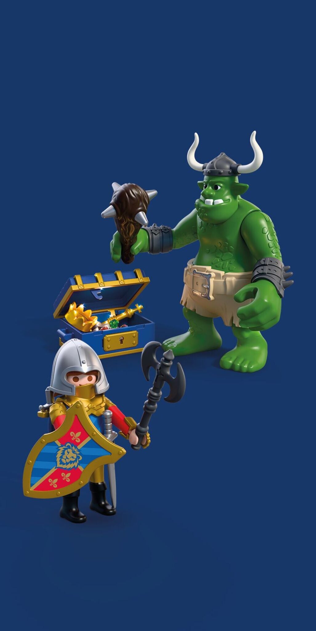 Playmobil Troll with Lion Knight Treasure 72116 featuring a Lion Knight, giant troll and opening treasure chest with medieval accessories