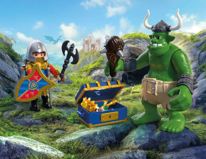 Playmobil Troll with Lion Knight Treasure 72116 featuring a Lion Knight, giant troll and opening treasure chest with medieval accessories