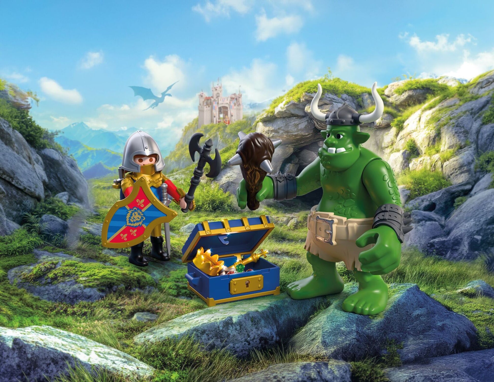 Playmobil Troll with Lion Knight Treasure 72116 featuring a Lion Knight, giant troll and opening treasure chest with medieval accessories