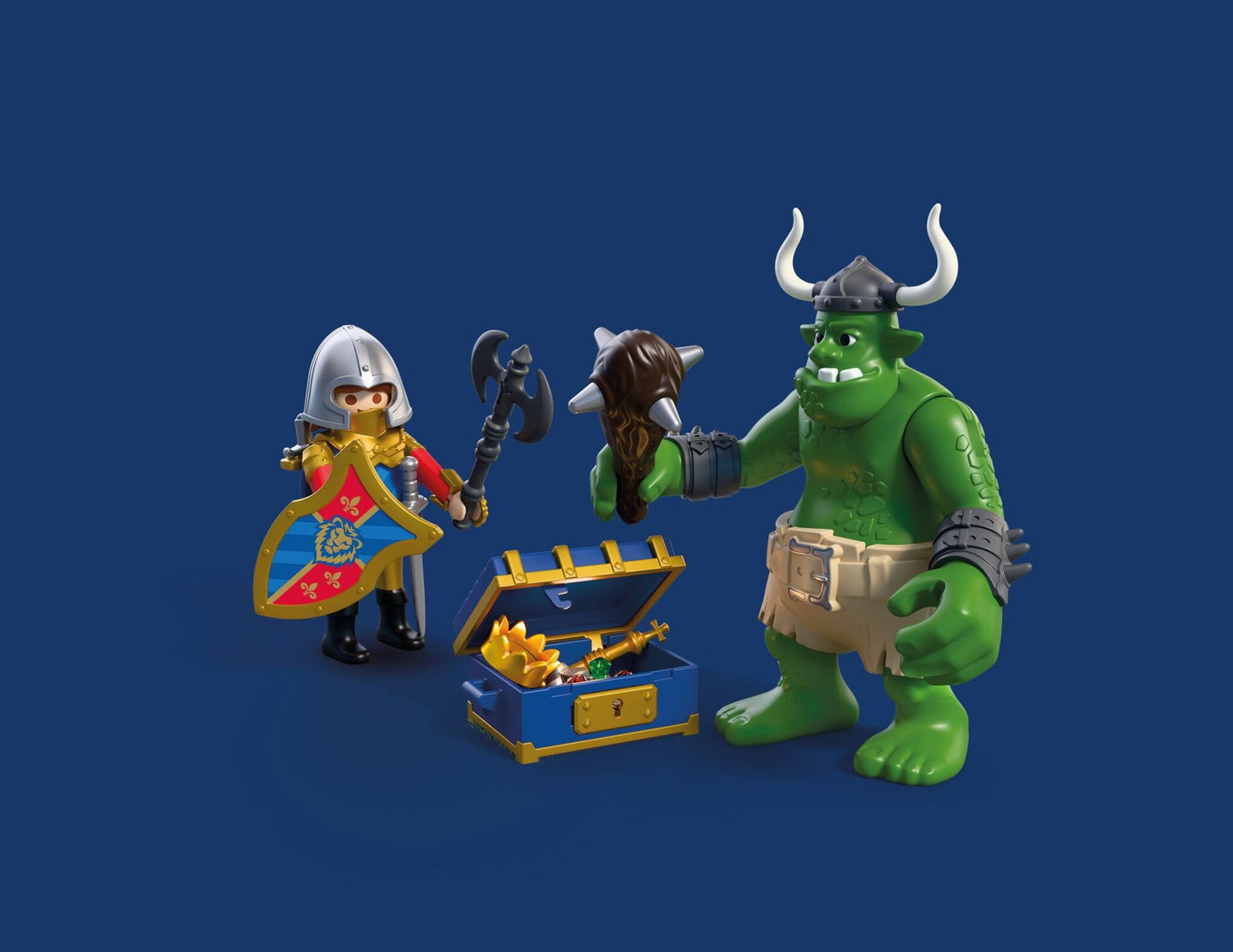 Playmobil Troll with Lion Knight Treasure 72116 featuring a Lion Knight, giant troll and opening treasure chest with medieval accessories