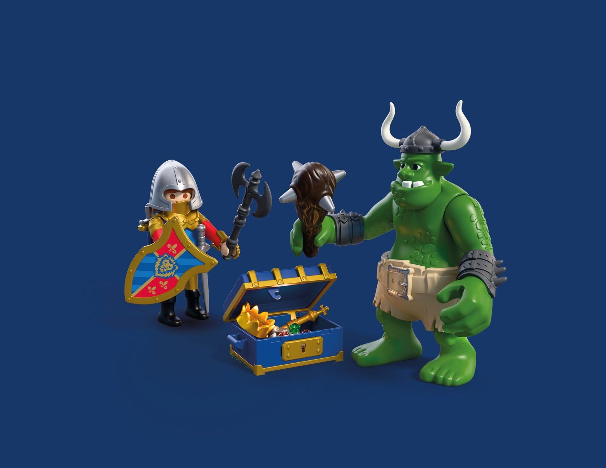 Playmobil Troll with Lion Knight Treasure 72116 featuring a Lion Knight, giant troll and opening treasure chest with medieval accessories