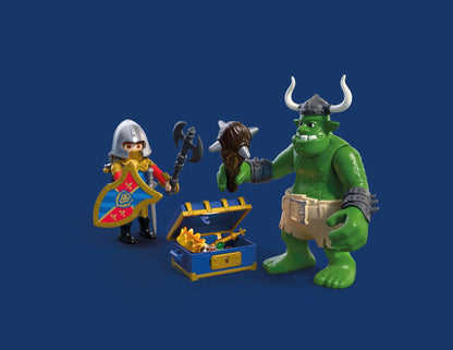 Playmobil Troll with Lion Knight Treasure 72116 featuring a Lion Knight, giant troll and opening treasure chest with medieval accessories