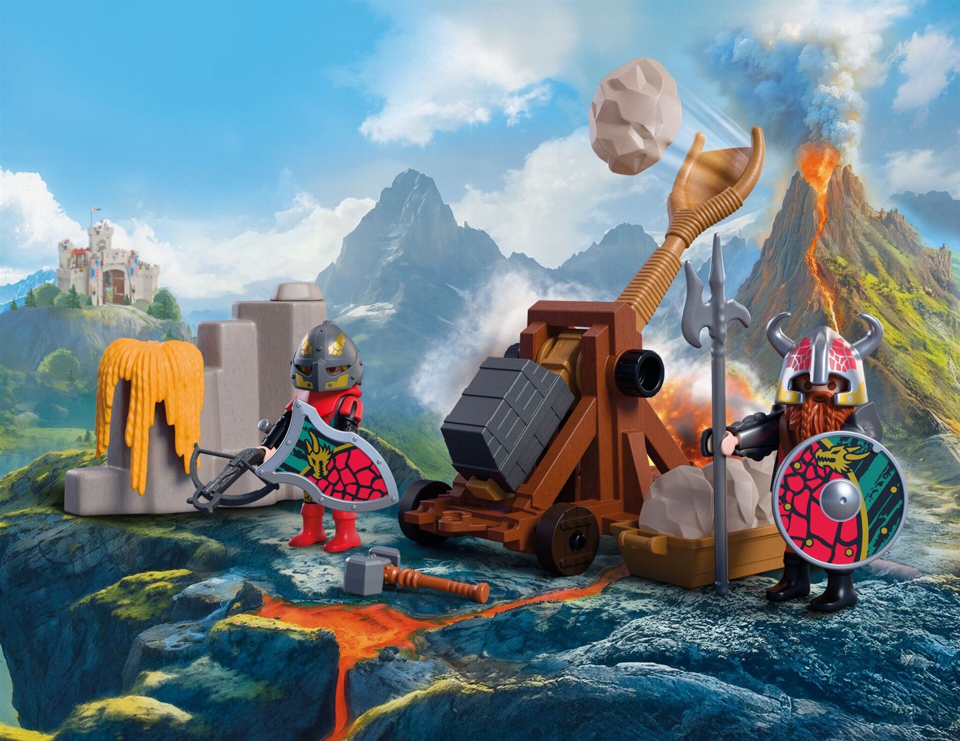 PLAYMOBIL Dragon Knight Catapult 72117 with working catapult, two Dragon Knights, stone projectiles and defensive rock wall