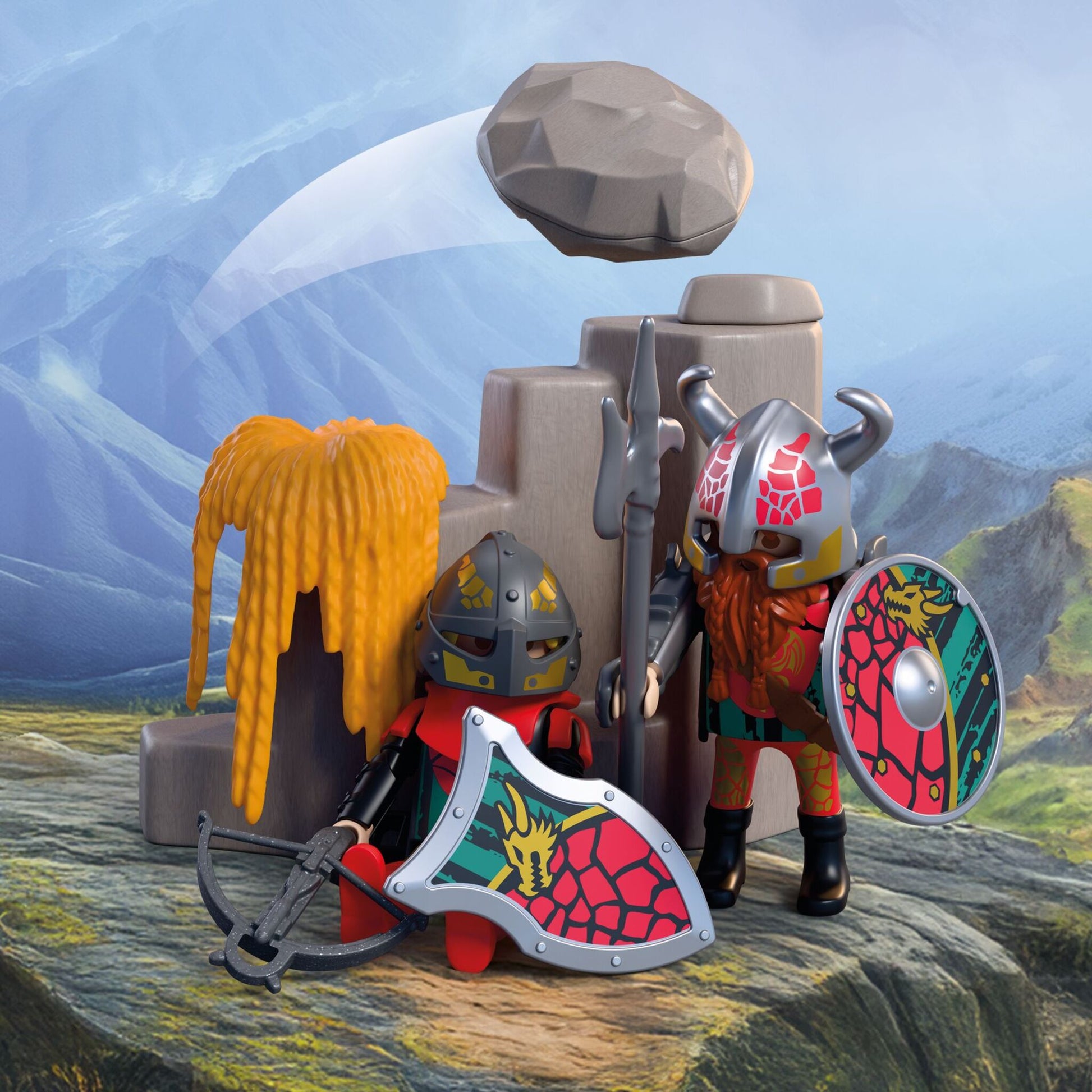 PLAYMOBIL Dragon Knight Catapult 72117 with working catapult, two Dragon Knights, stone projectiles and defensive rock wall