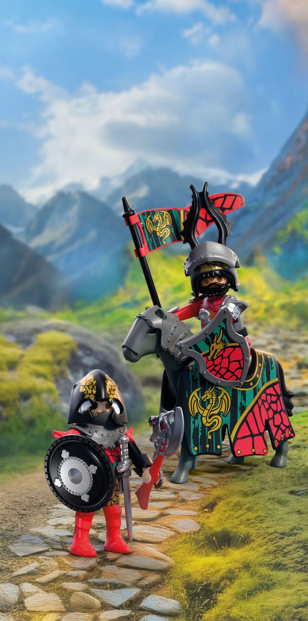PLAYMOBIL Dragon Knight Leader 72118 with two medieval knights, armoured horse, banner, swords and shields