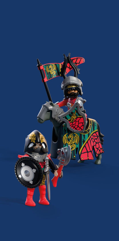 PLAYMOBIL Dragon Knight Leader 72118 with two medieval knights, armoured horse, banner, swords and shields