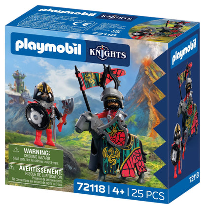 PLAYMOBIL Dragon Knight Leader 72118 with two medieval knights, armoured horse, banner, swords and shields
