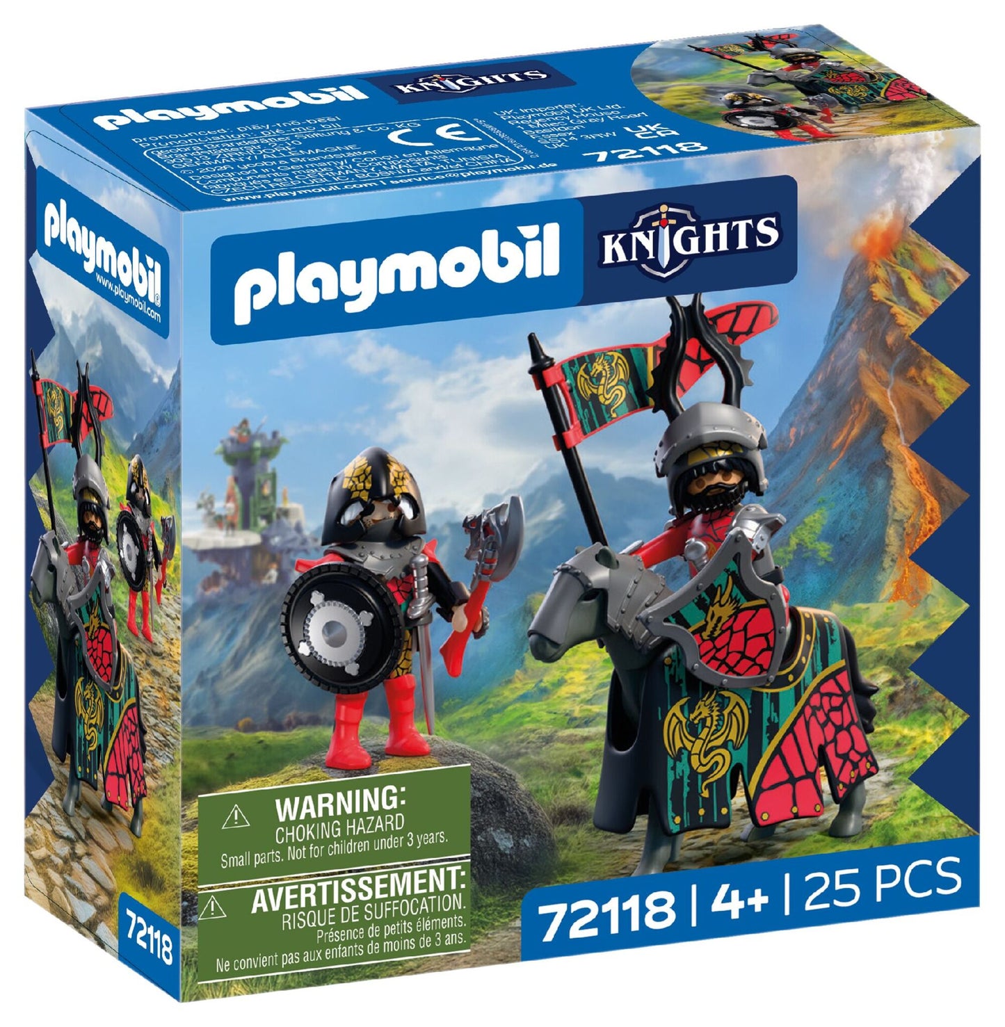 PLAYMOBIL Dragon Knight Leader 72118 with two medieval knights, armoured horse, banner, swords and shields