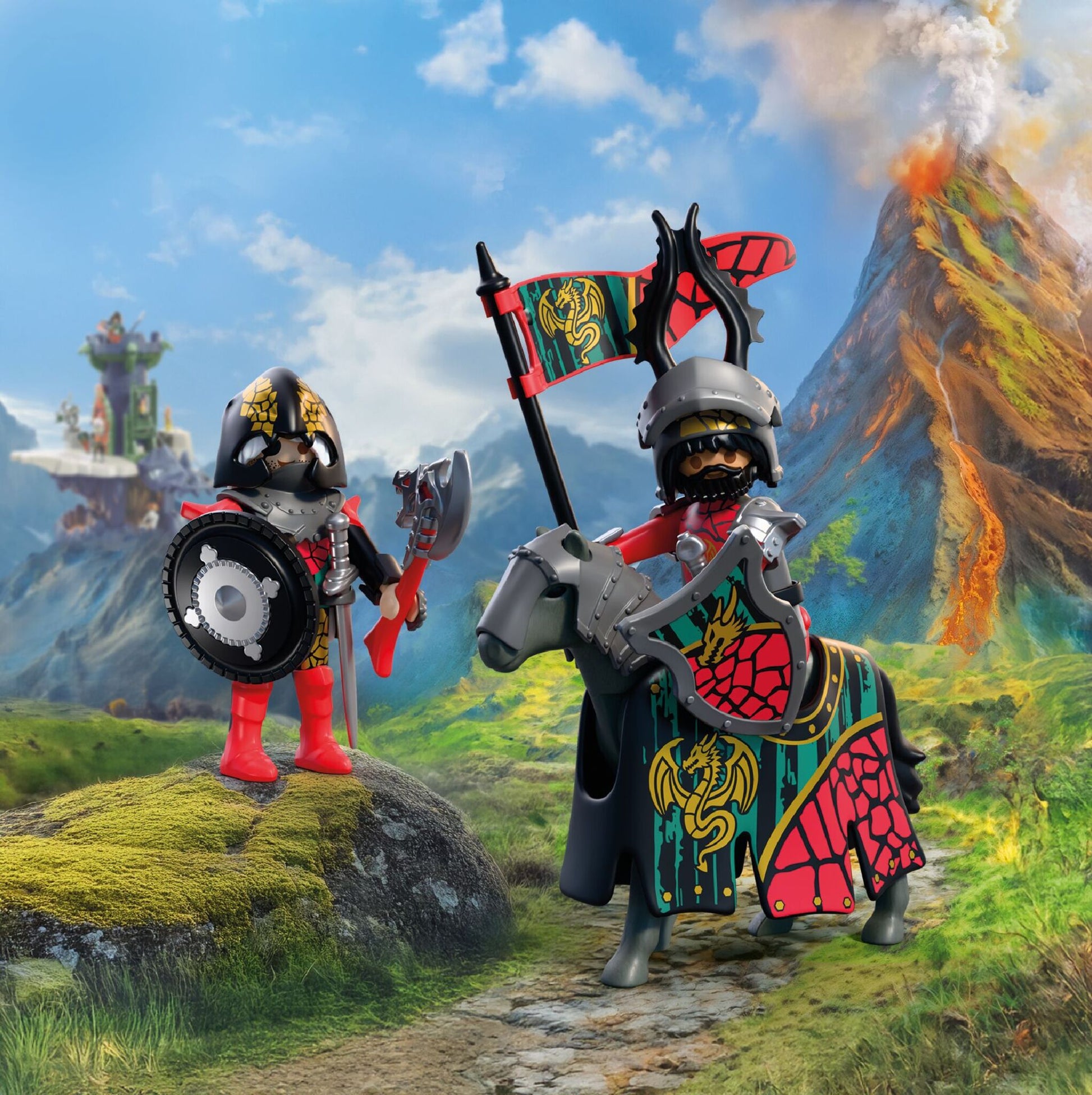 PLAYMOBIL Dragon Knight Leader 72118 with two medieval knights, armoured horse, banner, swords and shields