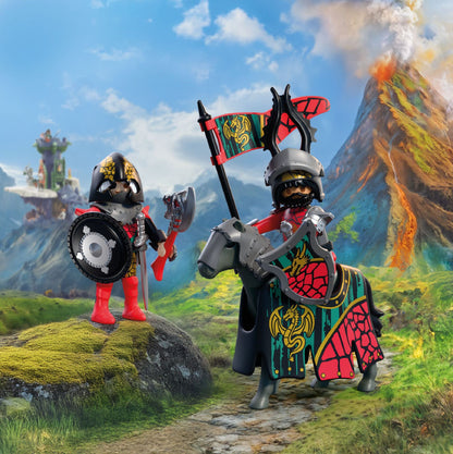 PLAYMOBIL Dragon Knight Leader 72118 with two medieval knights, armoured horse, banner, swords and shields