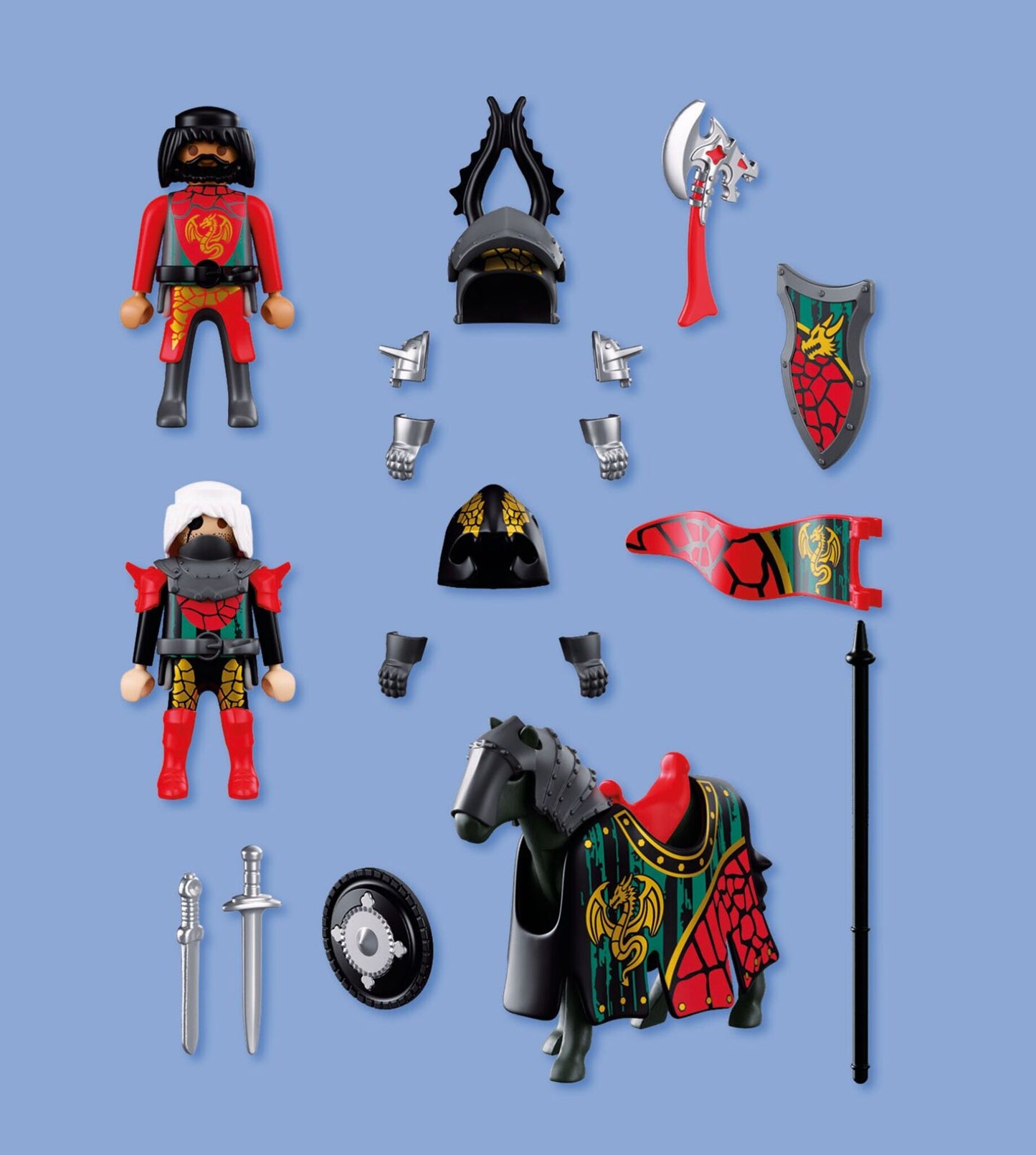 PLAYMOBIL Dragon Knight Leader 72118 with two medieval knights, armoured horse, banner, swords and shields