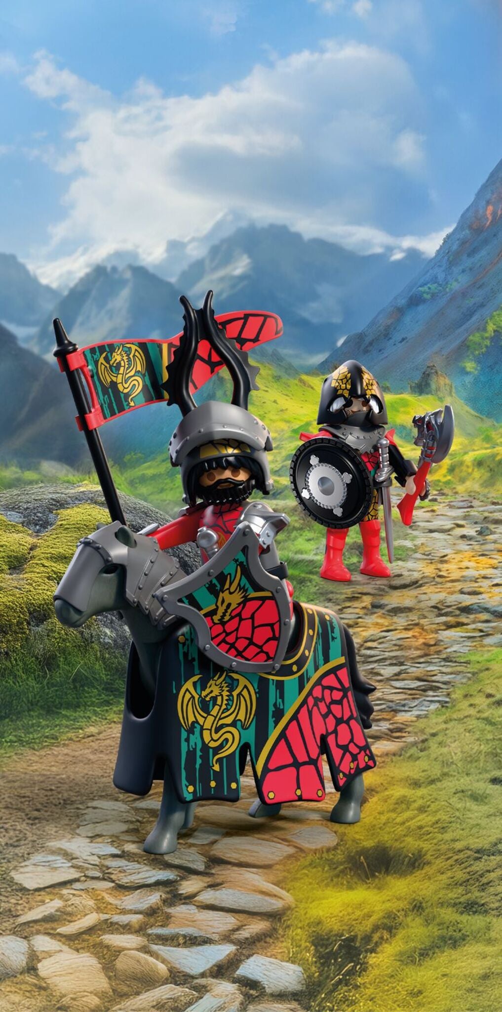 PLAYMOBIL Dragon Knight Leader 72118 with two medieval knights, armoured horse, banner, swords and shields