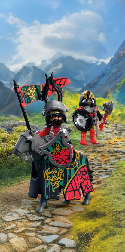 PLAYMOBIL Dragon Knight Leader 72118 with two medieval knights, armoured horse, banner, swords and shields
