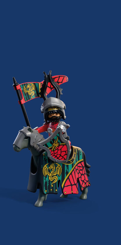 PLAYMOBIL Dragon Knight Leader 72118 with two medieval knights, armoured horse, banner, swords and shields
