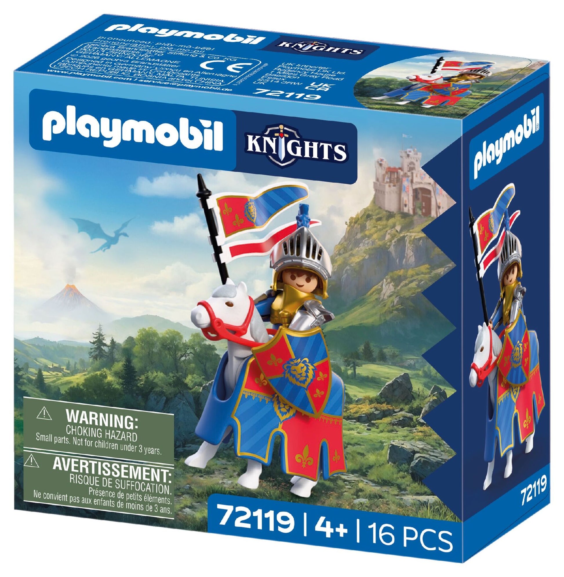 PLAYMOBIL Lion Knight Leader 72119 featuring a medieval knight in gold and silver armour riding a white horse with banner, sword and shield