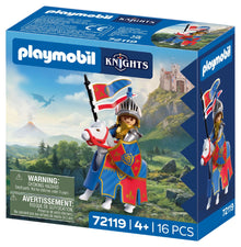 PLAYMOBIL Lion Knight Leader 72119 featuring a medieval knight in gold and silver armour riding a white horse with banner, sword and shield
