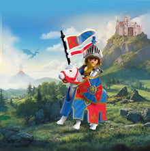 PLAYMOBIL Lion Knight Leader 72119 featuring a medieval knight in gold and silver armour riding a white horse with banner, sword and shield