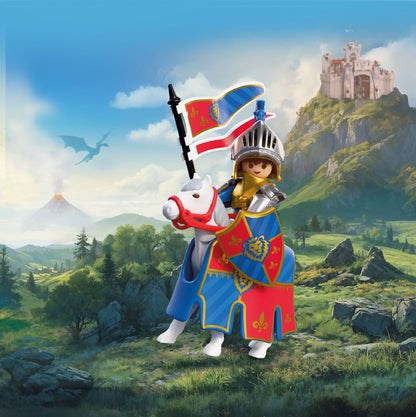 PLAYMOBIL Lion Knight Leader 72119 featuring a medieval knight in gold and silver armour riding a white horse with banner, sword and shield