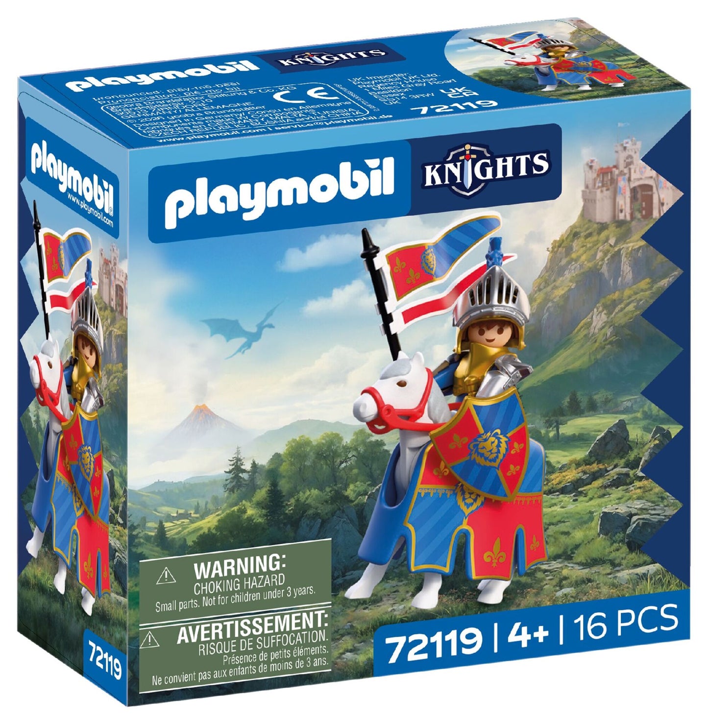 PLAYMOBIL Lion Knight Leader 72119 featuring a medieval knight in gold and silver armour riding a white horse with banner, sword and shield