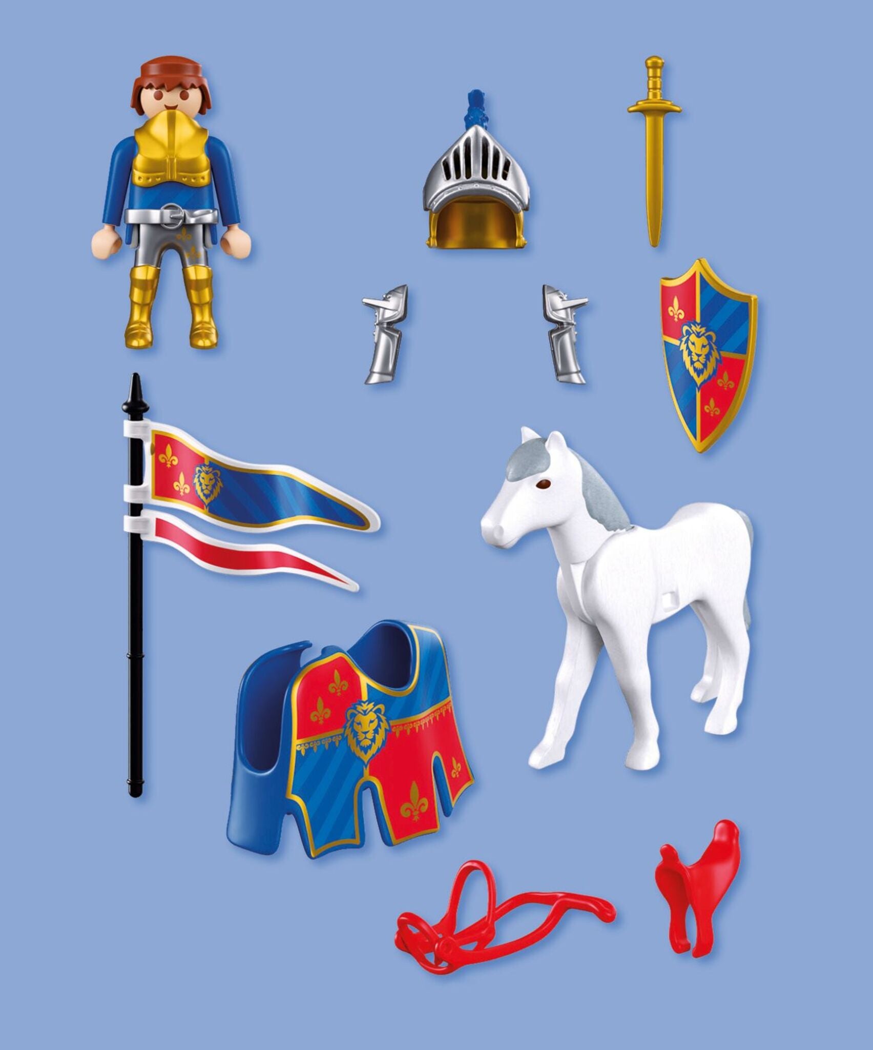 PLAYMOBIL Lion Knight Leader 72119 featuring a medieval knight in gold and silver armour riding a white horse with banner, sword and shield