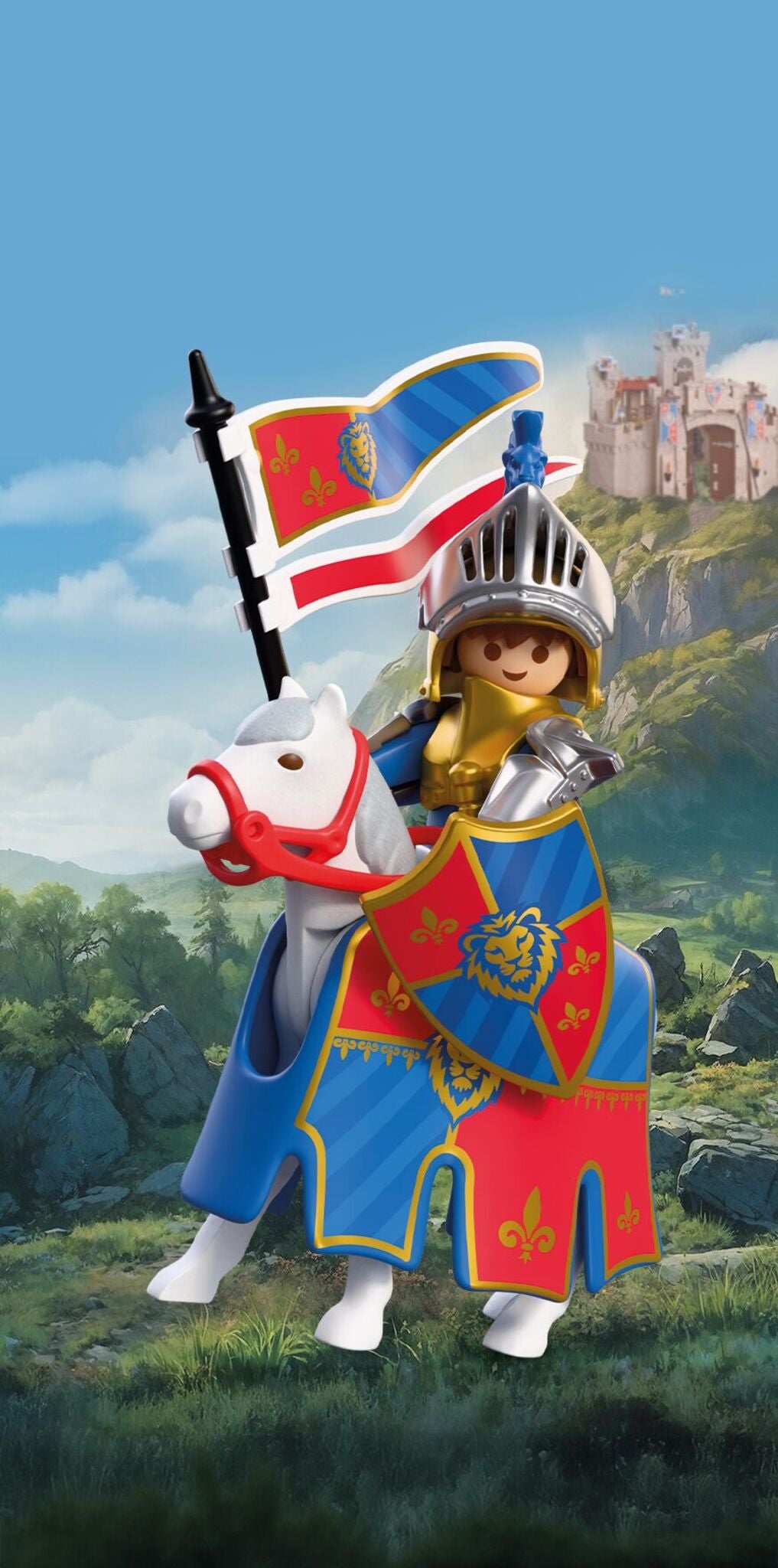 PLAYMOBIL Lion Knight Leader 72119 featuring a medieval knight in gold and silver armour riding a white horse with banner, sword and shield