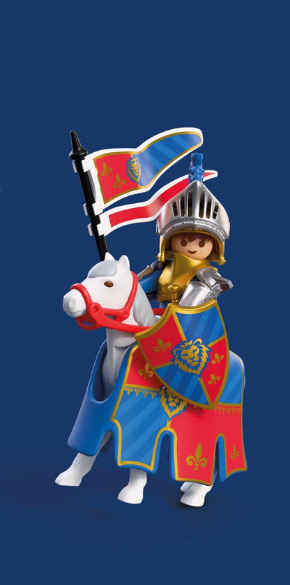 PLAYMOBIL Lion Knight Leader 72119 featuring a medieval knight in gold and silver armour riding a white horse with banner, sword and shield