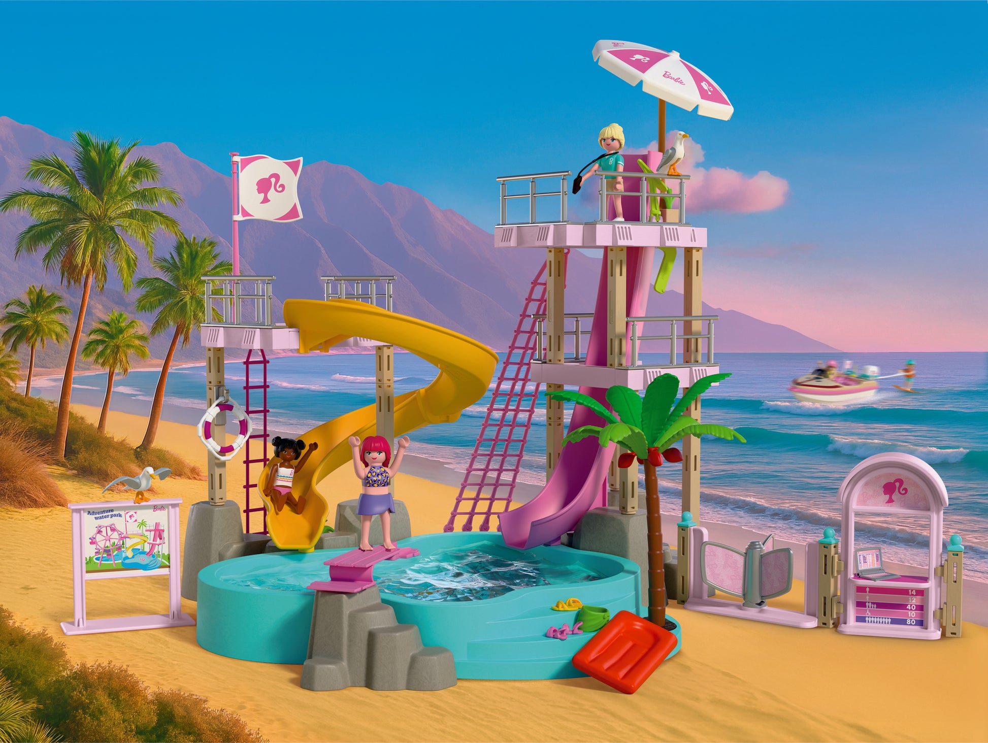 PLAYMOBIL x Barbie Waterpark playset with Barbie, Nikki, Daisy and interactive water slides