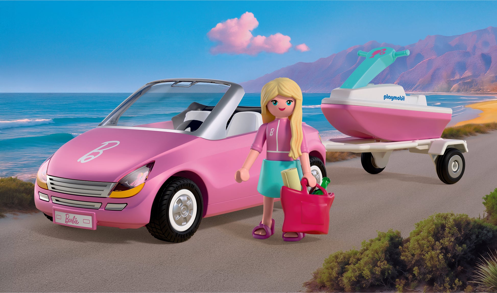 PLAYMOBIL x Barbie Convertible with Barbie figure, trailer and detachable jet ski