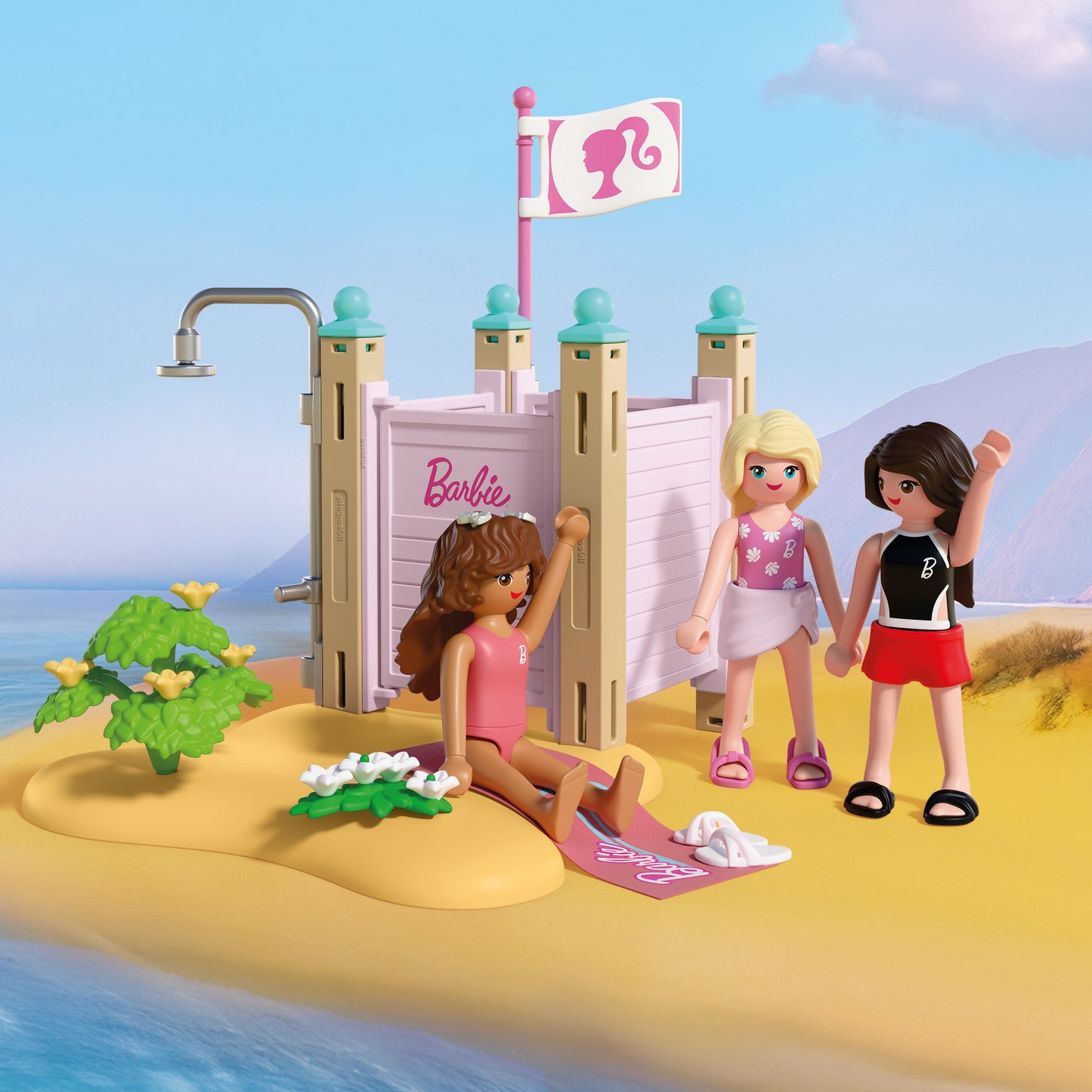 PLAYMOBIL x Barbie Beach Dress Up playset with Barbie, Teresa and Renee at Malibu Beach
