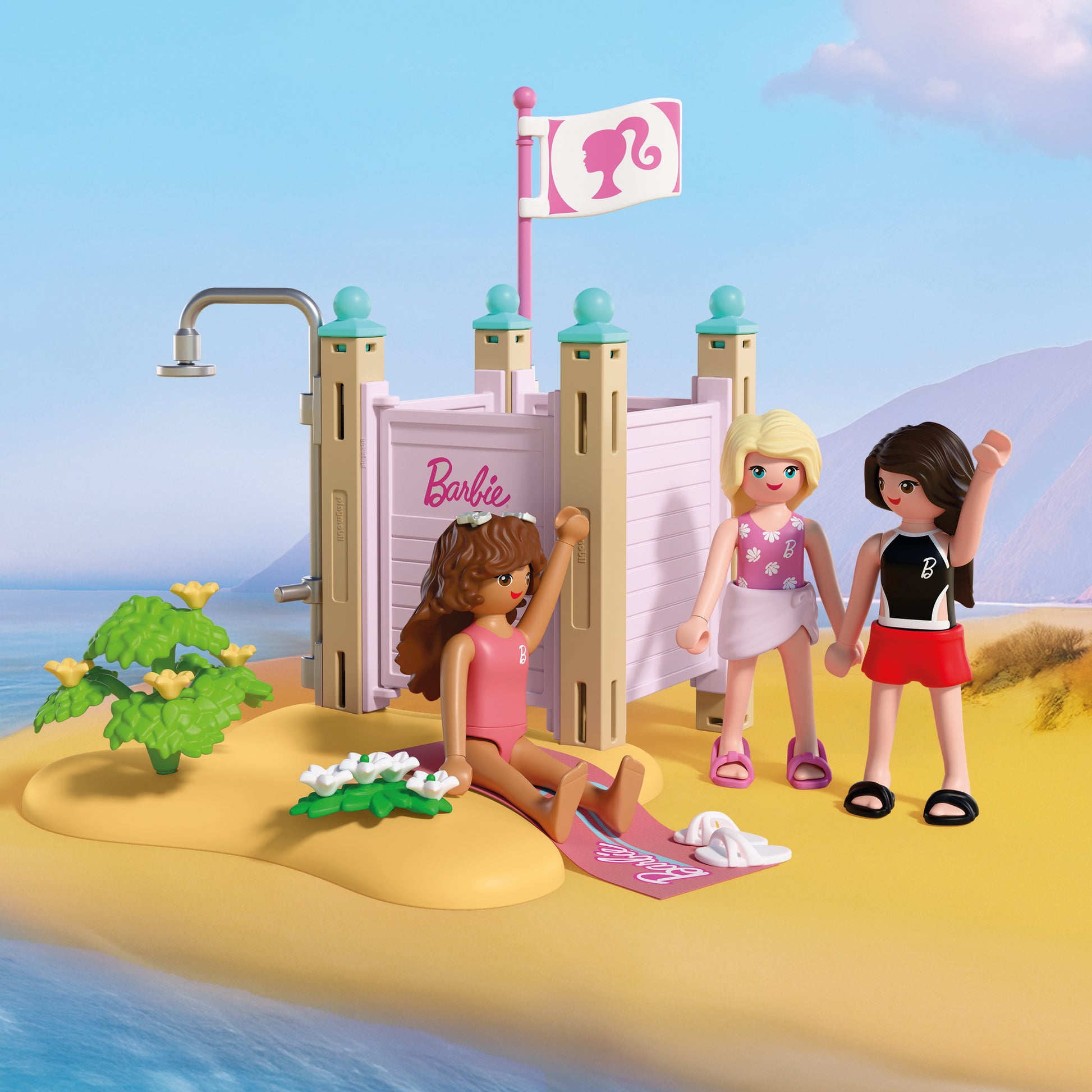 PLAYMOBIL x Barbie Beach Dress Up playset with Barbie, Teresa and Renee at Malibu Beach