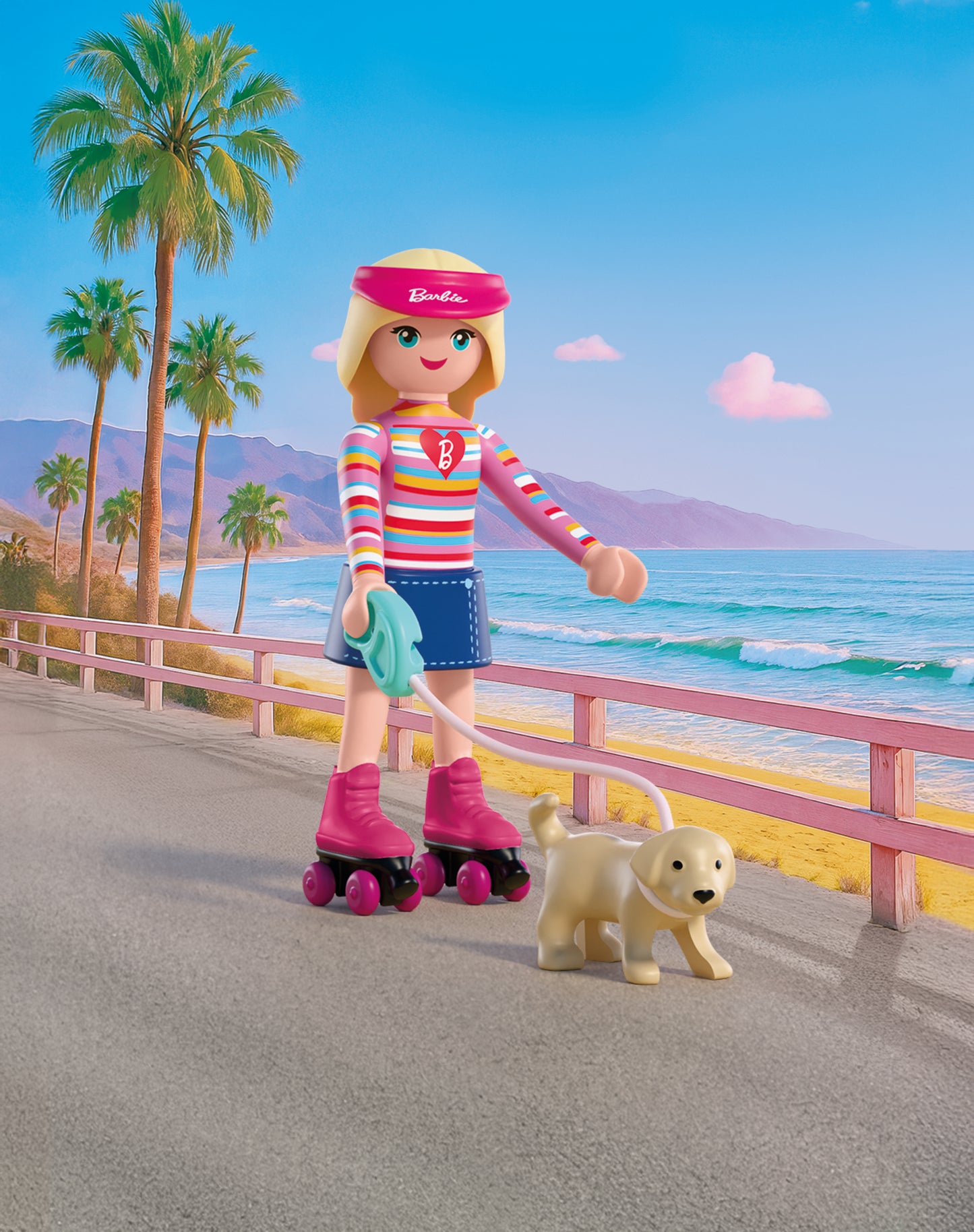 PLAYMOBIL x Barbie Malibu playset with Barbie on roller skates and puppy Taffy