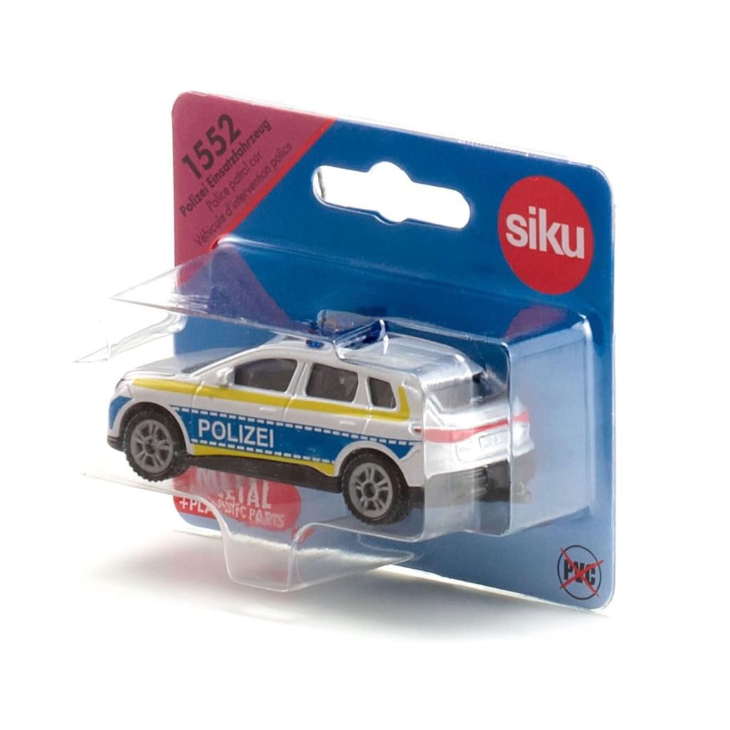 Siku police toy car, a die-cast model of a police intervention vehicle in bold police livery with clear markings