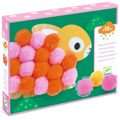 large colourful pom-poms included in Djeco animal collage kit for little hands
