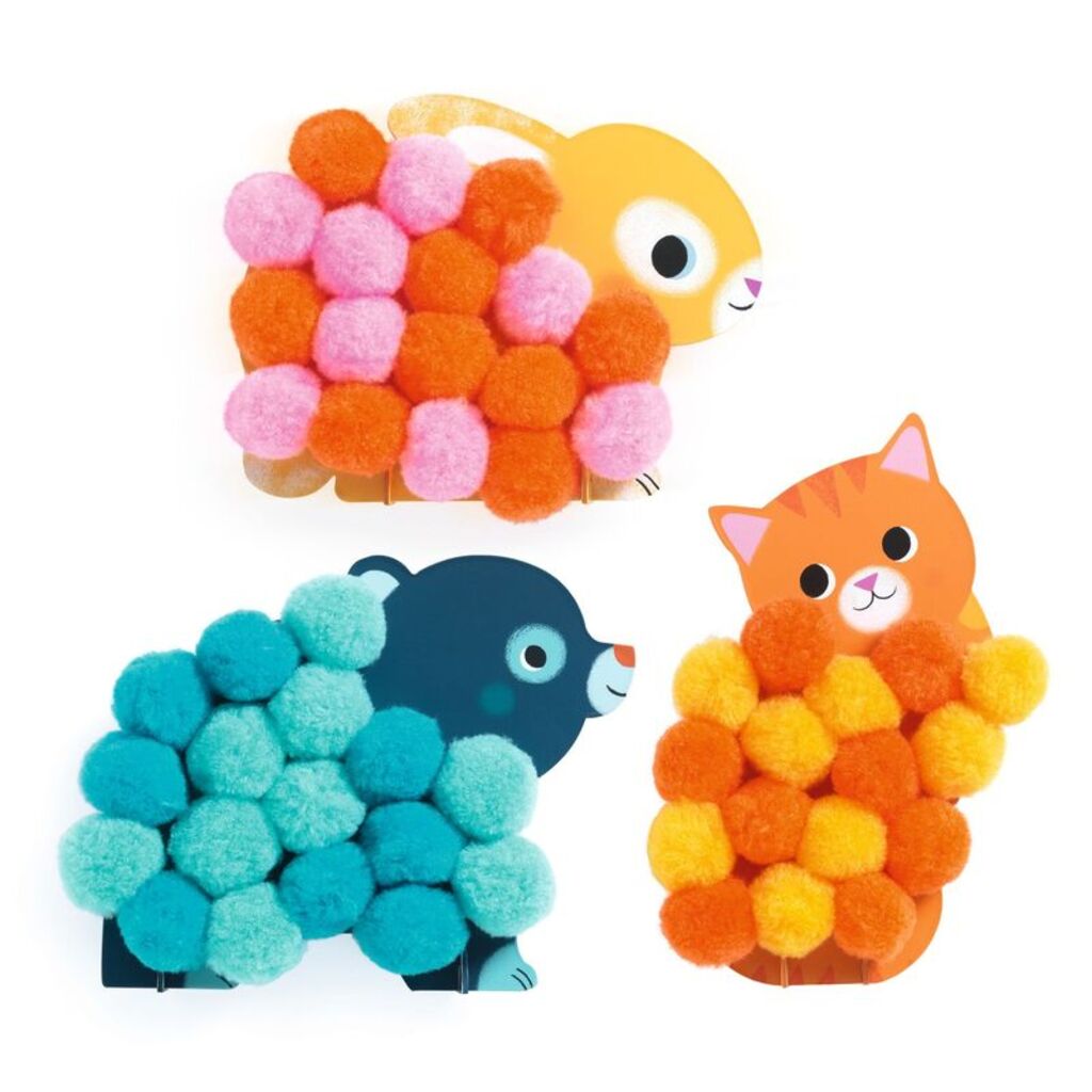 finished pom-pom animal crafts displayed upright using the included stands