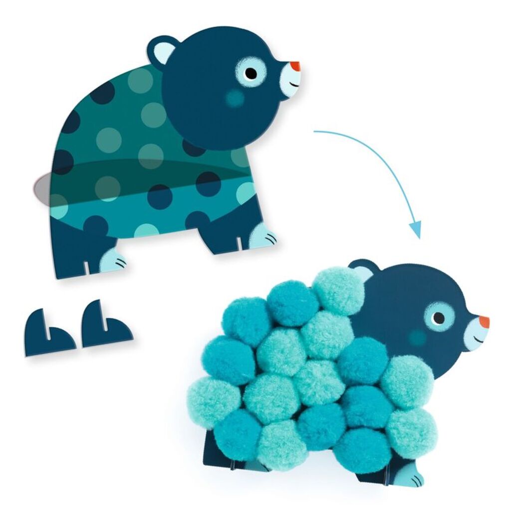 Transformable toy bear with detachable pom-pom ball on a white background