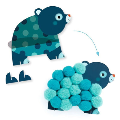 Transformable toy bear with detachable pom-pom ball on a white background