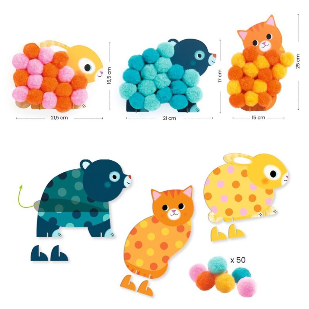 three animal collage cards decorated with colourful pom-poms for toddler craft activity