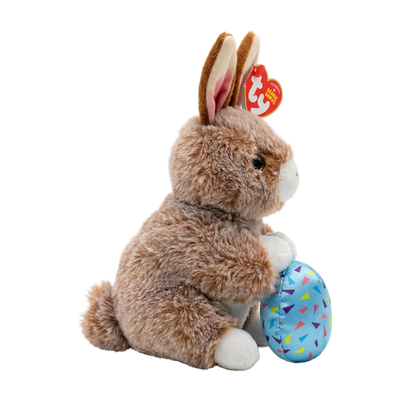Side view of the Praline the Brown Rabbit Regular 15cm Ty plush with the red Ty Heart swing tag attached
