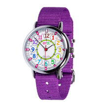 Easy Read Time Teacher 12/24 Hour Watch -  Rainbow Face with Purple Strap