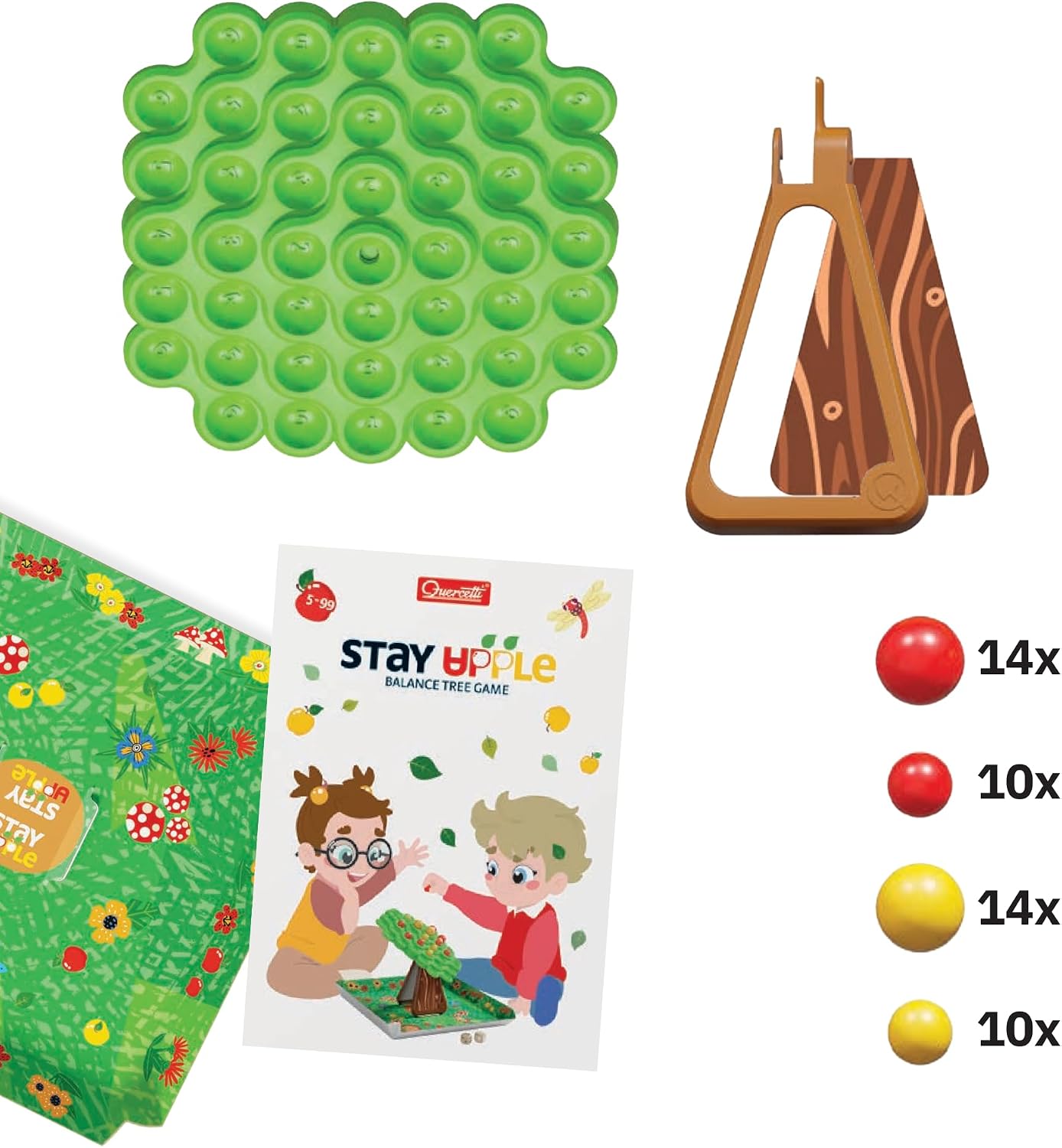 Quercetti Stay Apple game pieces with balancing tree, apples and dice