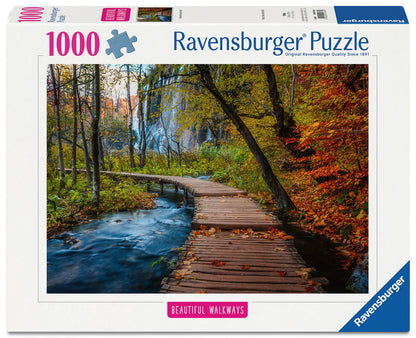 Ravensburger Autumnal Forest Path 1000 piece puzzle featuring wooden boardwalk, forest stream, waterfall and autumn foliage