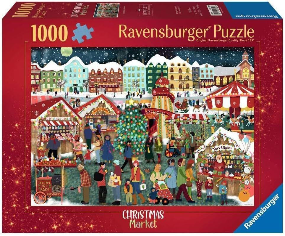 Ravensburger 1000 piece Christmas Market Puzzle featuring a festive winter village scene with Christmas stalls, lights and snowy rooftops