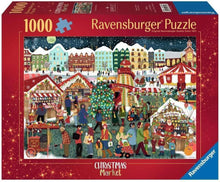 Ravensburger 1000 piece Christmas Market Puzzle featuring a festive winter village scene with Christmas stalls, lights and snowy rooftops