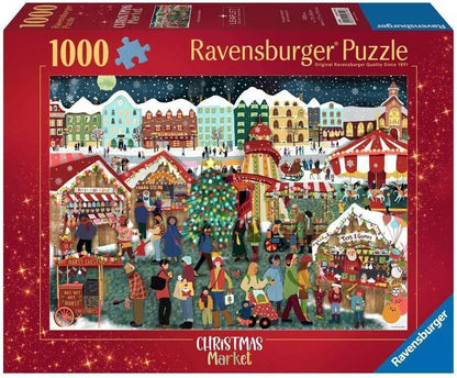 Ravensburger 1000 piece Christmas Market Puzzle featuring a festive winter village scene with Christmas stalls, lights and snowy rooftops