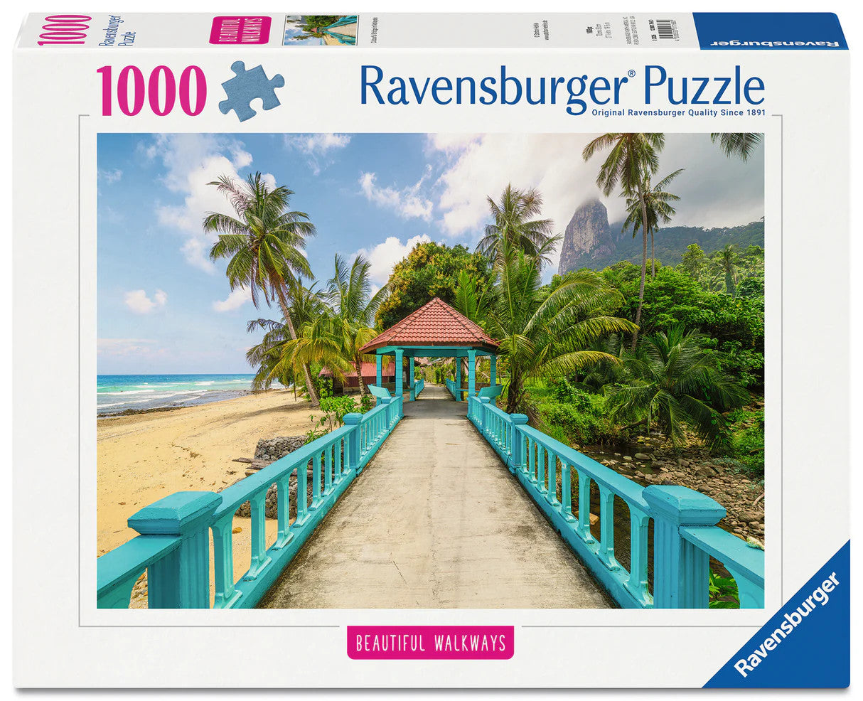 Ravensburger Colourful Bridge in Malaysia 1000 piece puzzle featuring tropical beach, palm trees and turquoise walkway